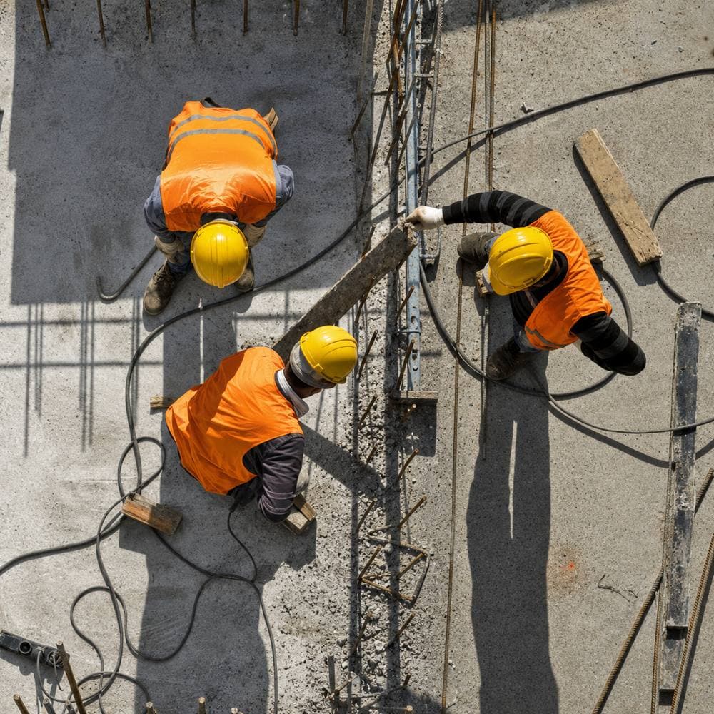 Equipa de trabalhadores em obra, vista de cima